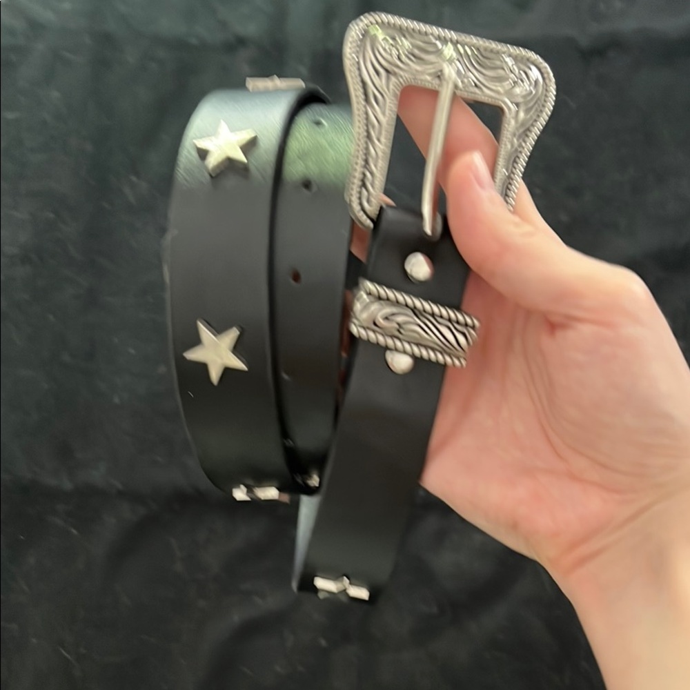 Black Leather Belt with Silver Stars and Buckle
